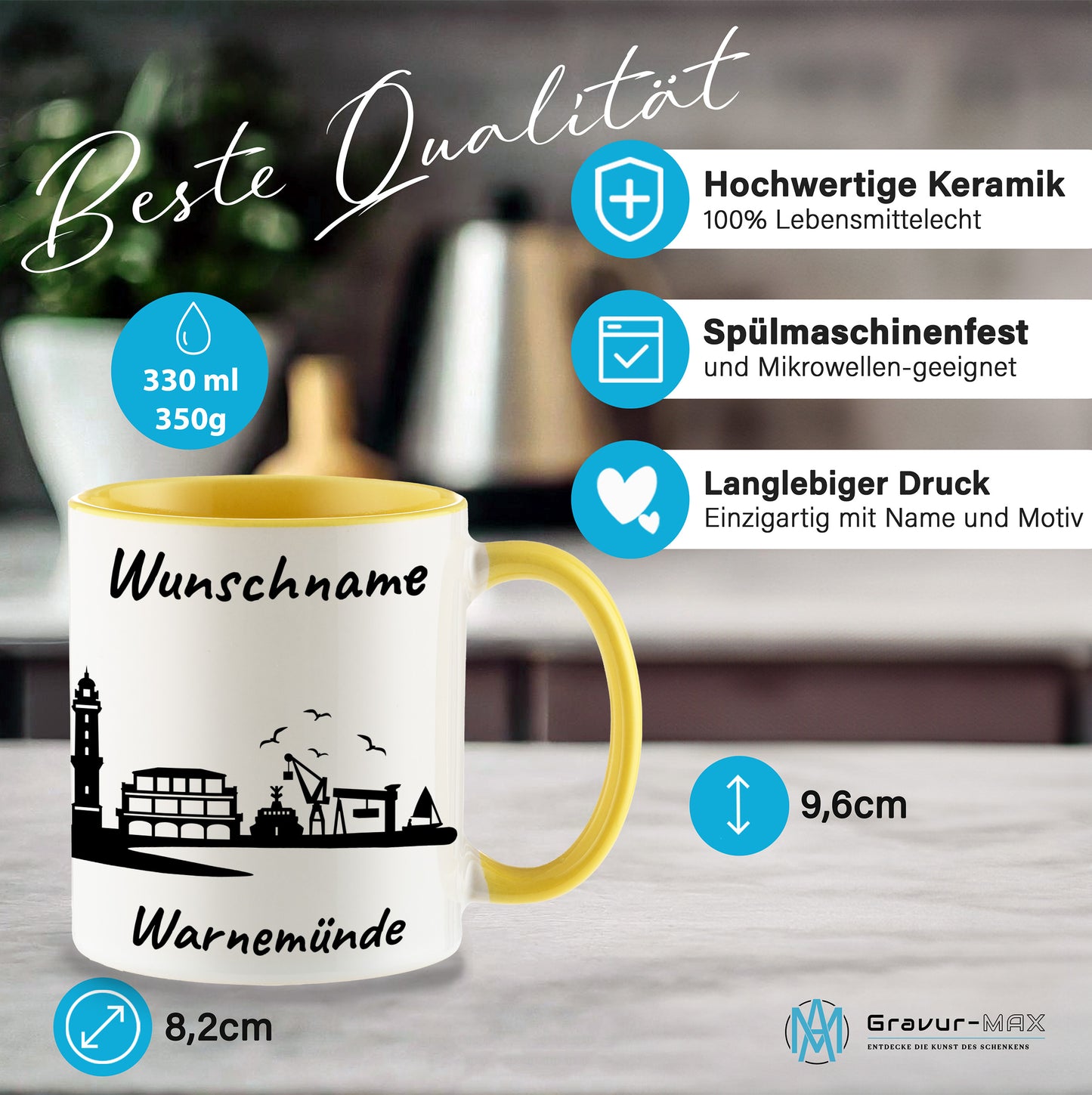 Tasse in Hellgelb 330ml bedruckt mit der Skyline von Warnemünde personalisierbar mit Wunschname