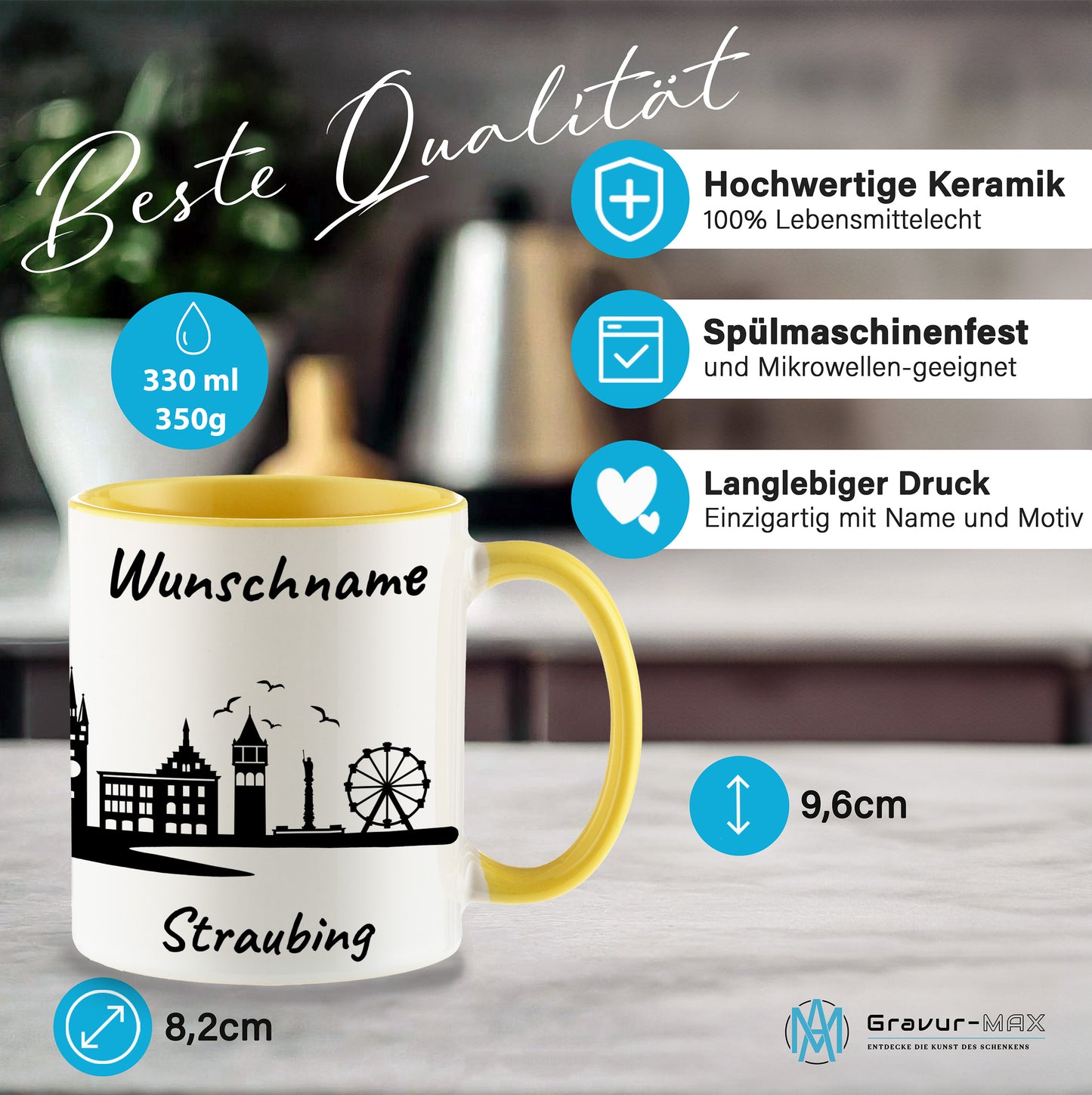 Tasse in Hellgelb 330ml bedruckt mit der Skyline von Straubing personalisierbar mit Wunschname