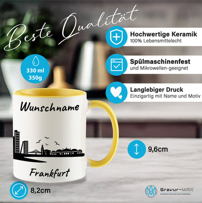 Tasse in Hellgelb 330ml bedruckt mit der Skyline von Frankfurt personalisierbar mit Wunschname