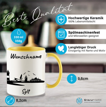 Tasse in Hellgelb 330ml bedruckt mit der Skyline von Sylt personalisierbar mit Wunschname