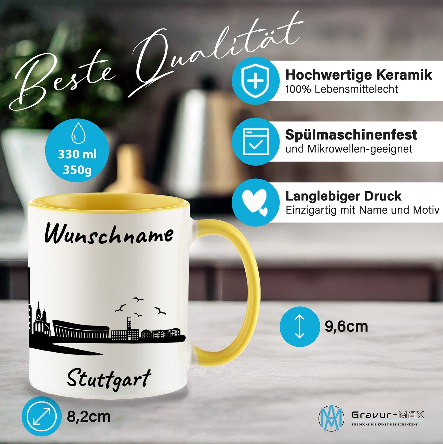 Tasse in Hellgelb 330ml bedruckt mit der Skyline von Stuttgart personalisierbar mit Wunschname