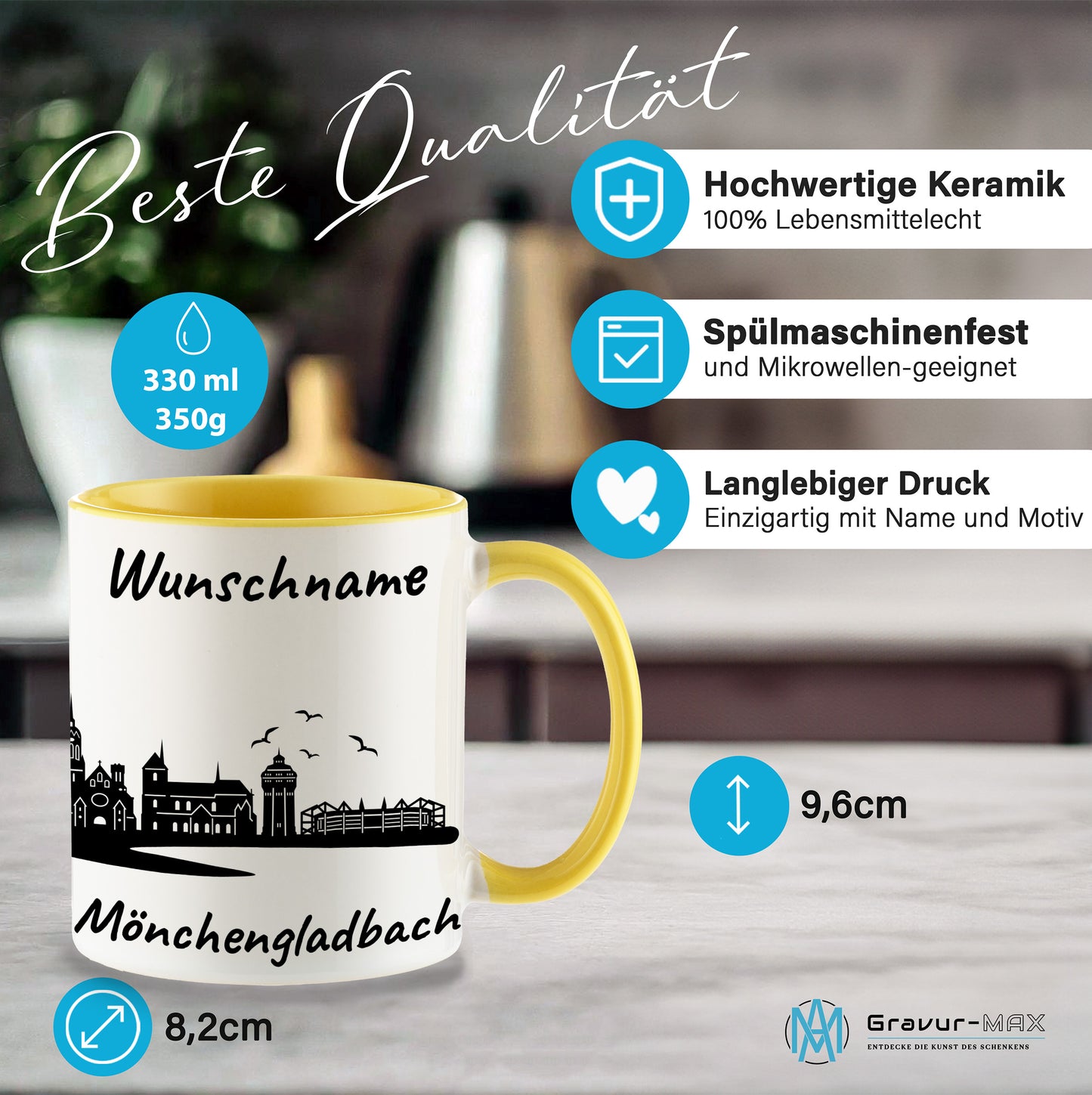 Tasse in Hellgelb 330ml bedruckt mit der Skyline von Mönchengladbach personalisierbar mit Wunschname