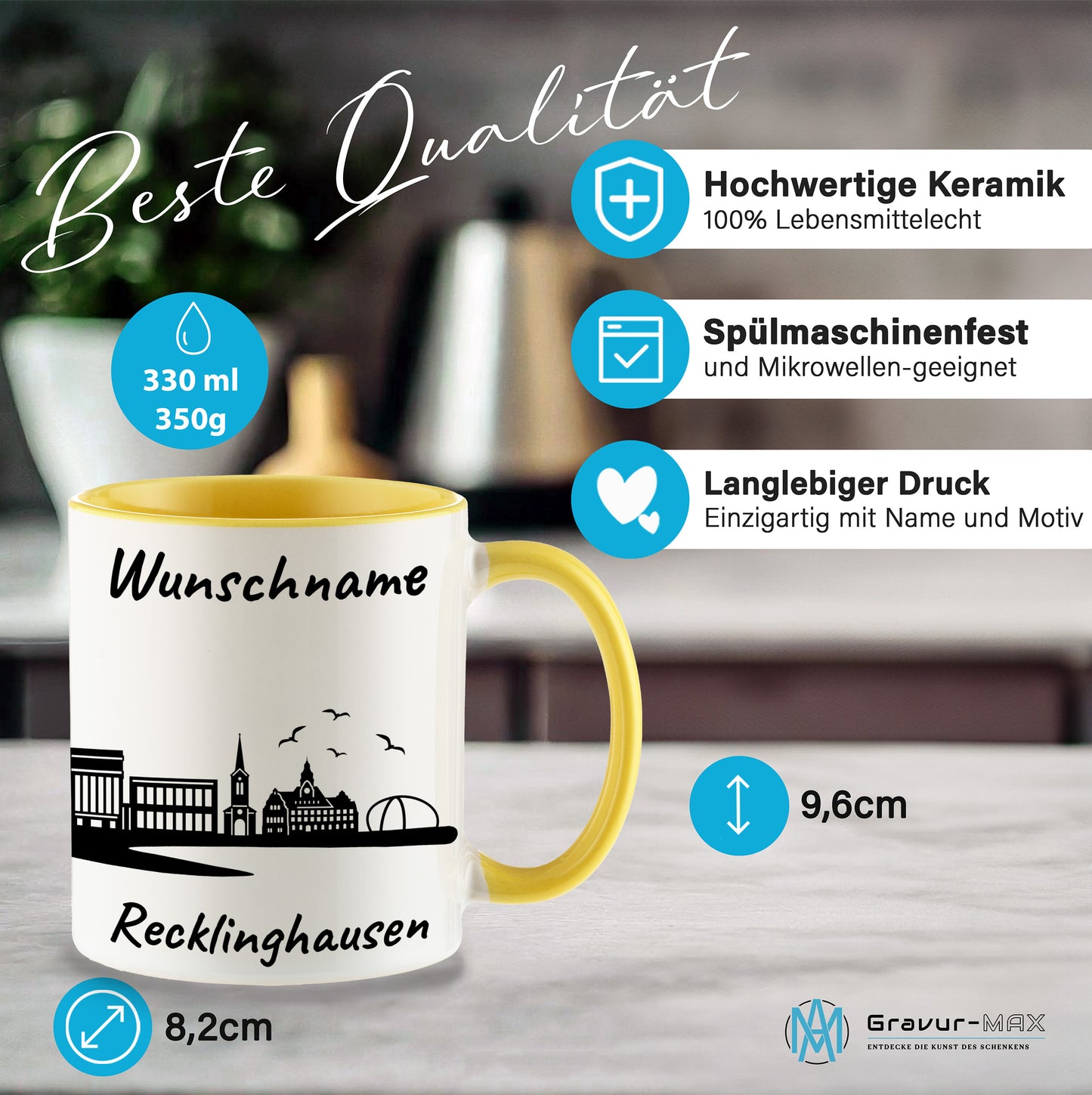 Tasse in Hellgelb 330ml bedruckt mit der Skyline von Recklinghausen personalisierbar mit Wunschname