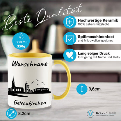 Tasse in Hellgelb 330ml bedruckt mit der Skyline von Gelsenkirchen personalisierbar mit Wunschname