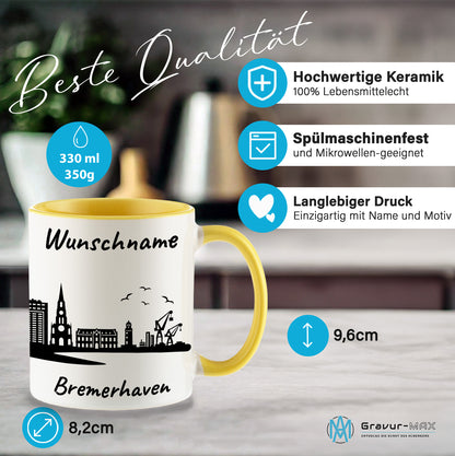 Tasse in Hellgelb 330ml bedruckt mit der Skyline von Bremerhaven personalisierbar mit Wunschname
