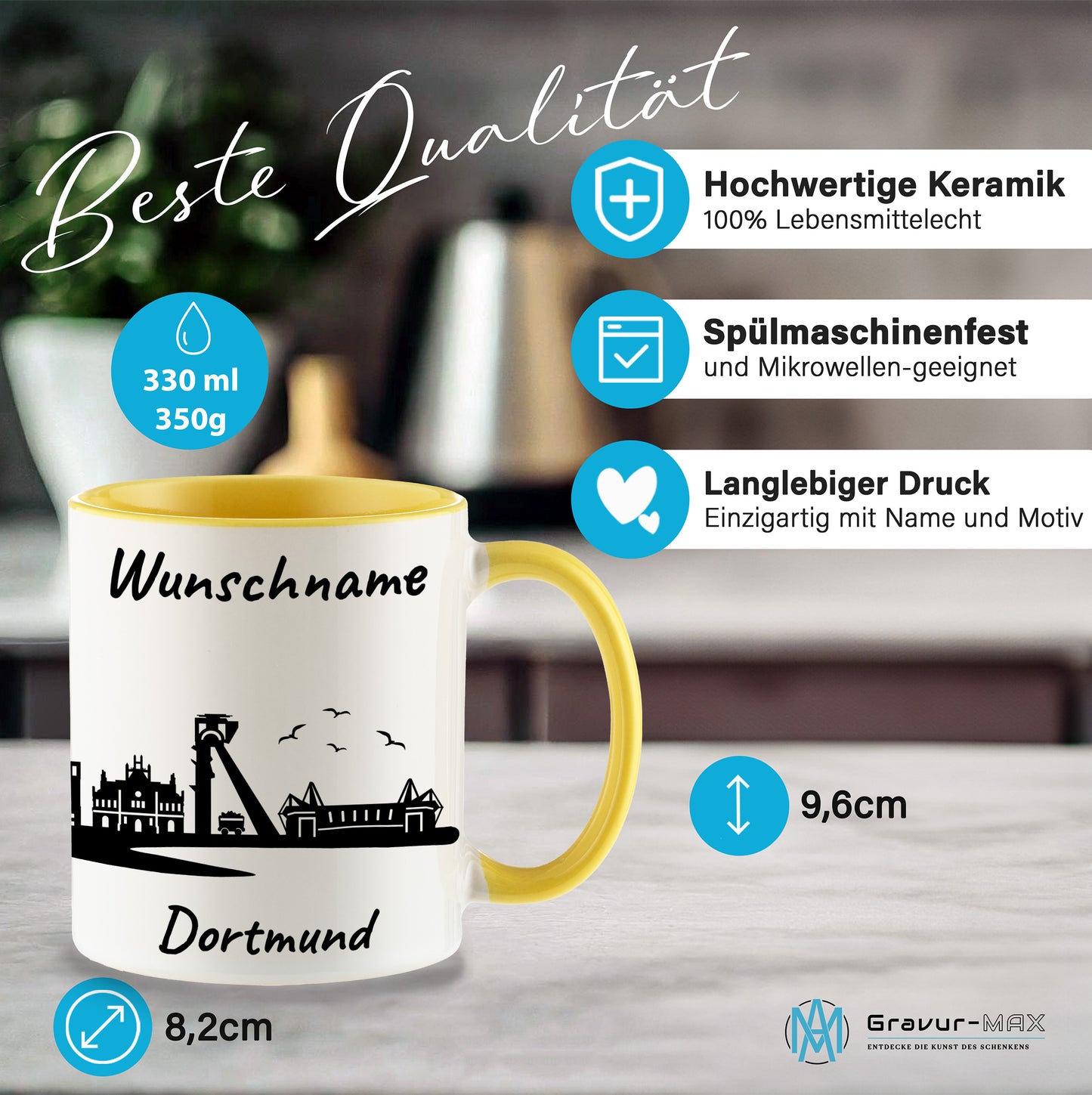 Tasse in Hellgelb 330ml bedruckt mit der Skyline von Dortmund personalisierbar mit Wunschname