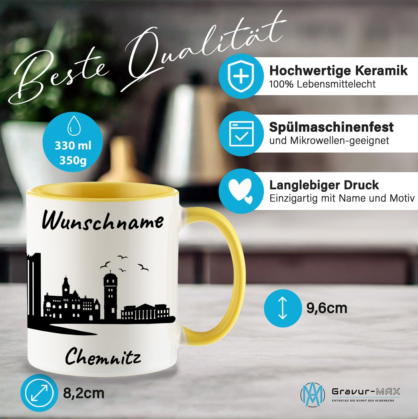 Tasse in Hellgelb 330ml bedruckt mit der Skyline von Chemnitz personalisierbar mit Wunschname