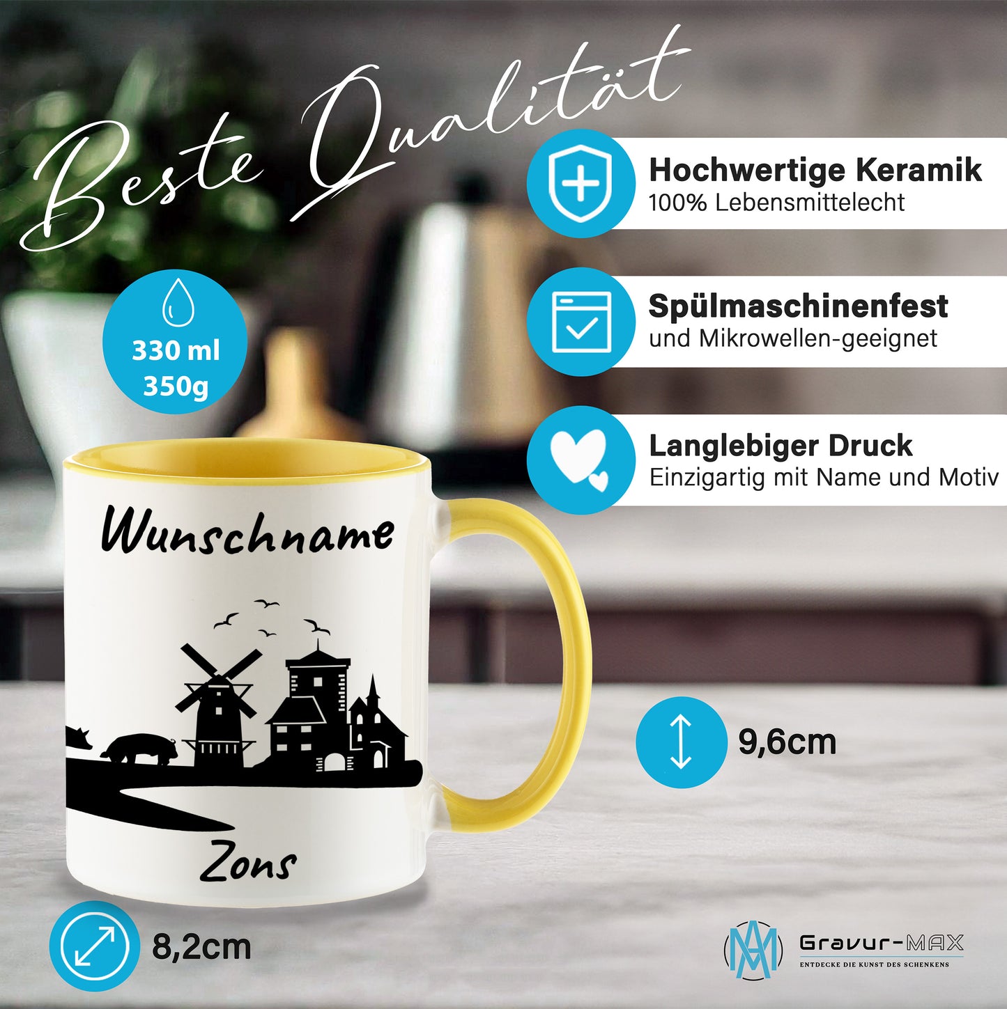 Tasse in Hellgelb 330ml bedruckt mit der Skyline von Zons (Dormagen) personalisierbar mit Wunschname