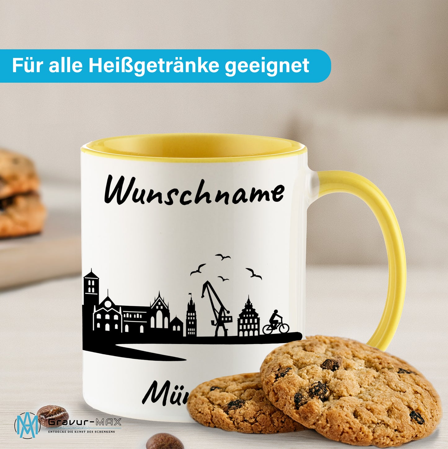 Tasse in Hellgelb 330ml bedruckt mit der Skyline von Münster personalisierbar mit Wunschname