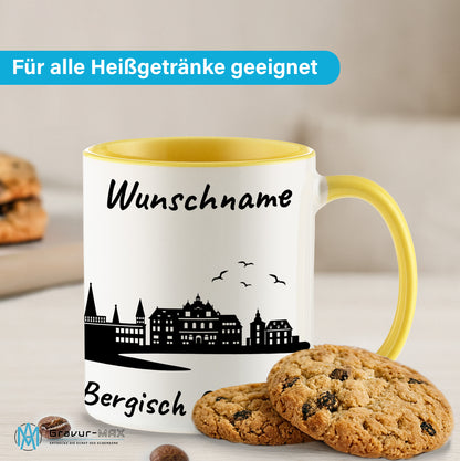 Tasse in Hellgelb 330ml bedruckt mit der Skyline von Bergisch Gladbach personalisierbar mit Wunschname