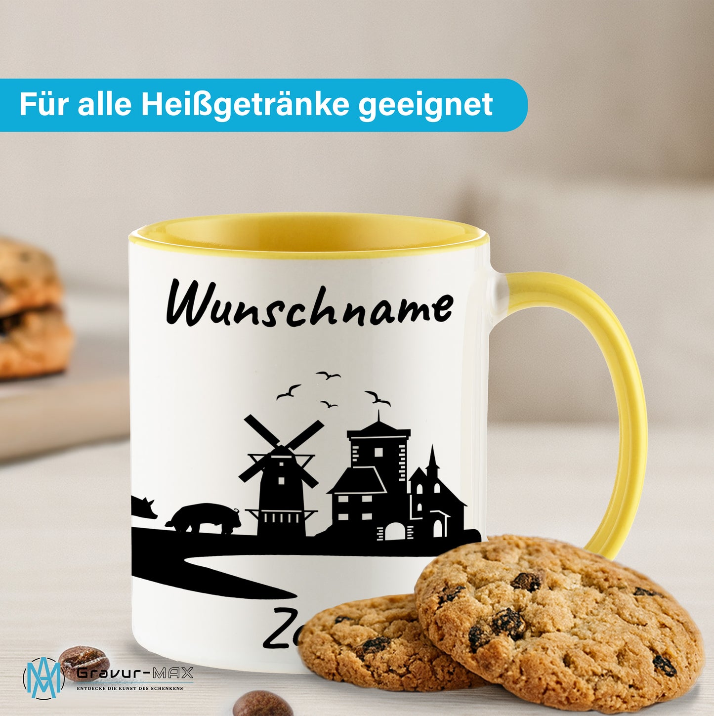 Tasse in Hellgelb 330ml bedruckt mit der Skyline von Zons (Dormagen) personalisierbar mit Wunschname
