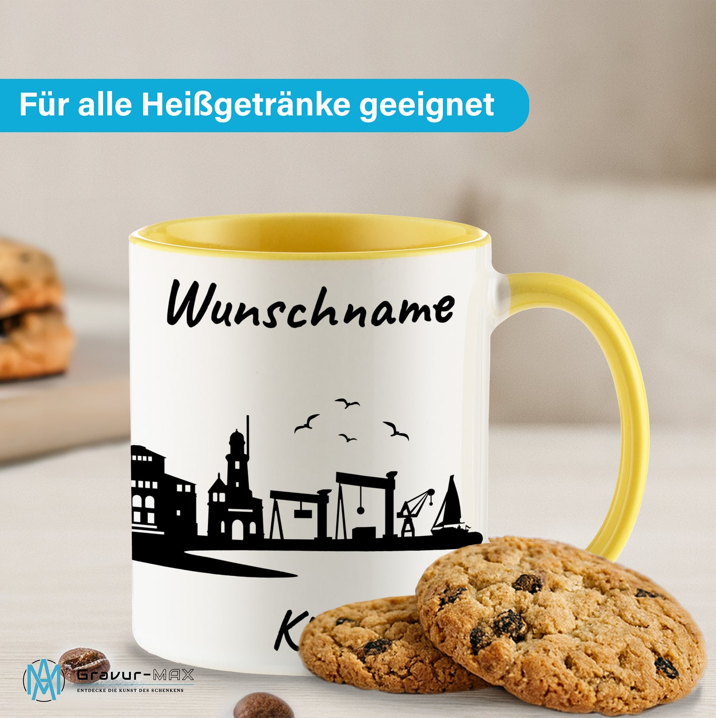 Tasse in Hellgelb 330ml bedruckt mit der Skyline von Kiel personalisierbar mit Wunschname