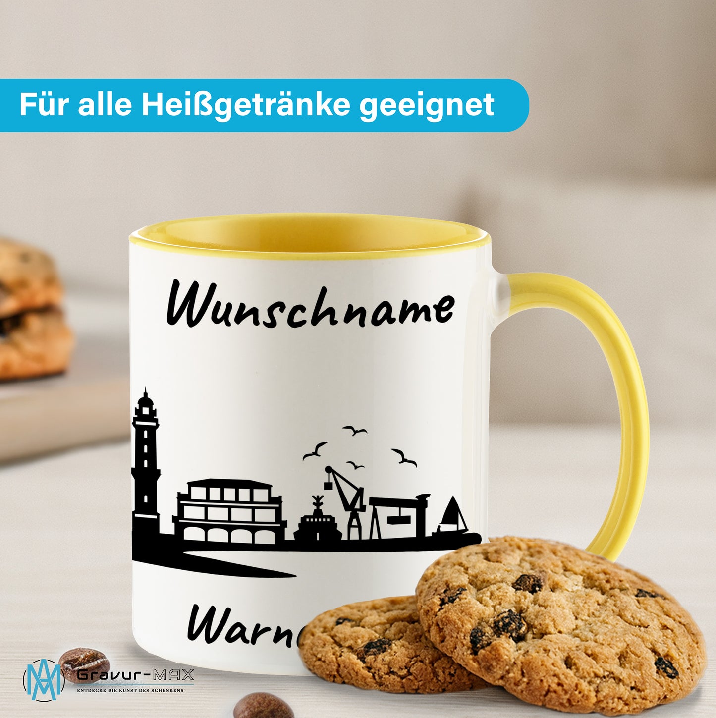Tasse in Hellgelb 330ml bedruckt mit der Skyline von Warnemünde personalisierbar mit Wunschname