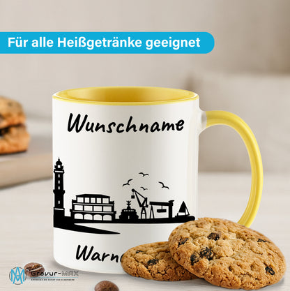 Tasse in Hellgelb 330ml bedruckt mit der Skyline von Warnemünde personalisierbar mit Wunschname