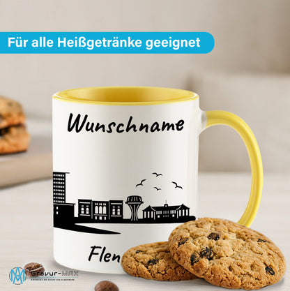 Tasse in Hellgelb 330ml bedruckt mit der Skyline von Flensburg personalisierbar mit Wunschname