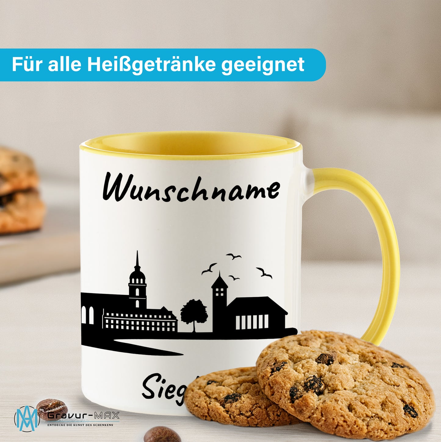 Tasse in Hellgelb 330ml bedruckt mit der Skyline von Siegburg personalisierbar mit Wunschname