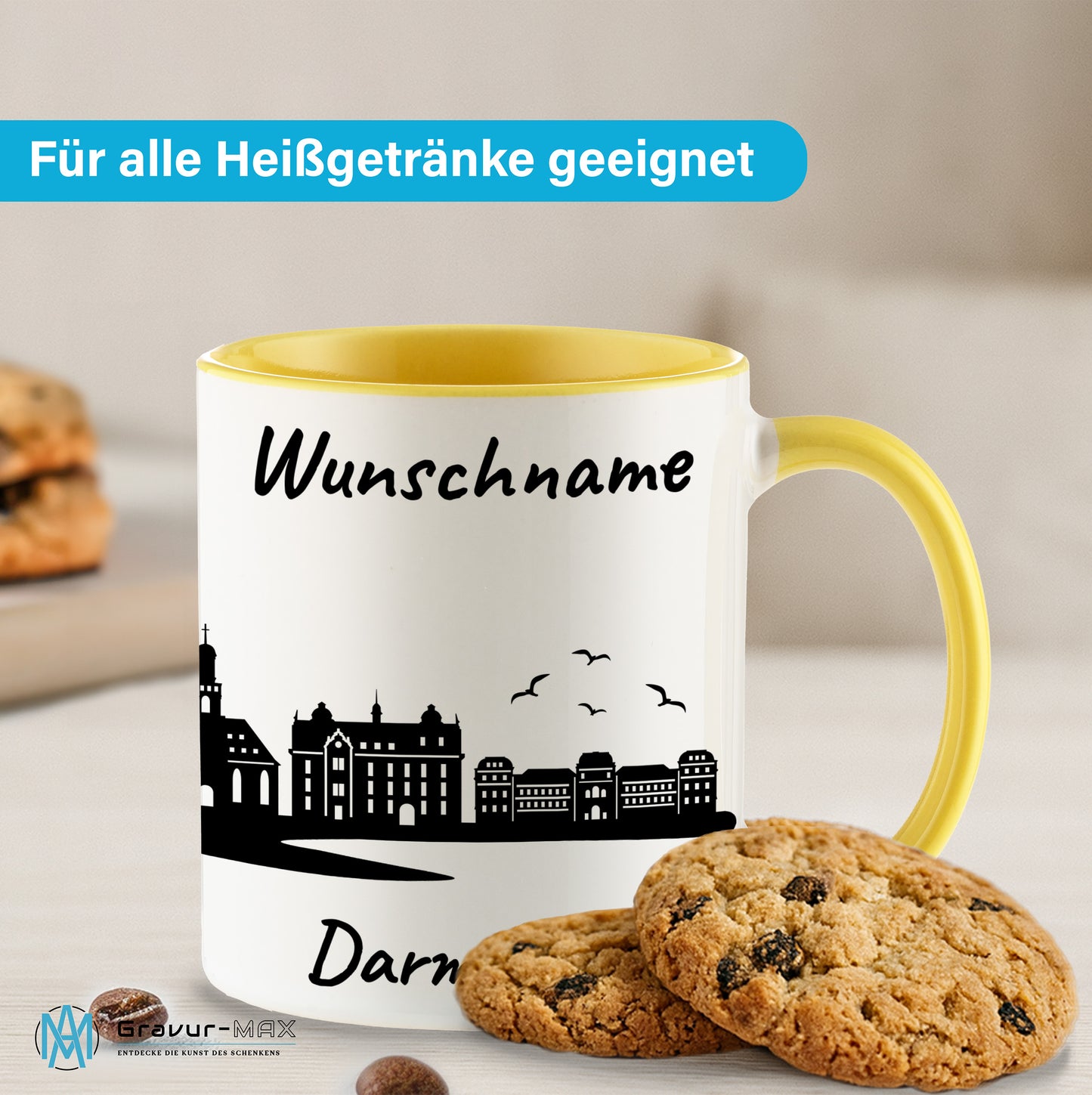 Tasse in Hellgelb 330ml bedruckt mit der Skyline von Darmstadt personalisierbar mit Wunschname