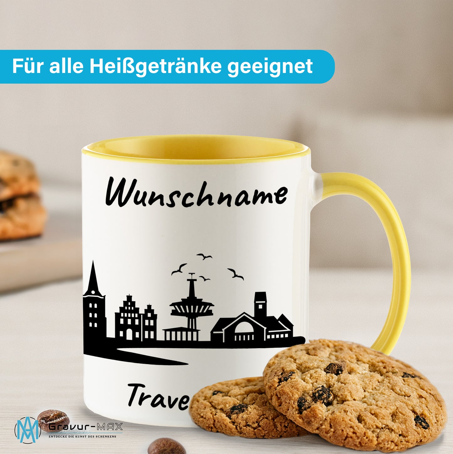 Tasse in Hellgelb 330ml bedruckt mit der Skyline von Travemünde personalisierbar mit Wunschname