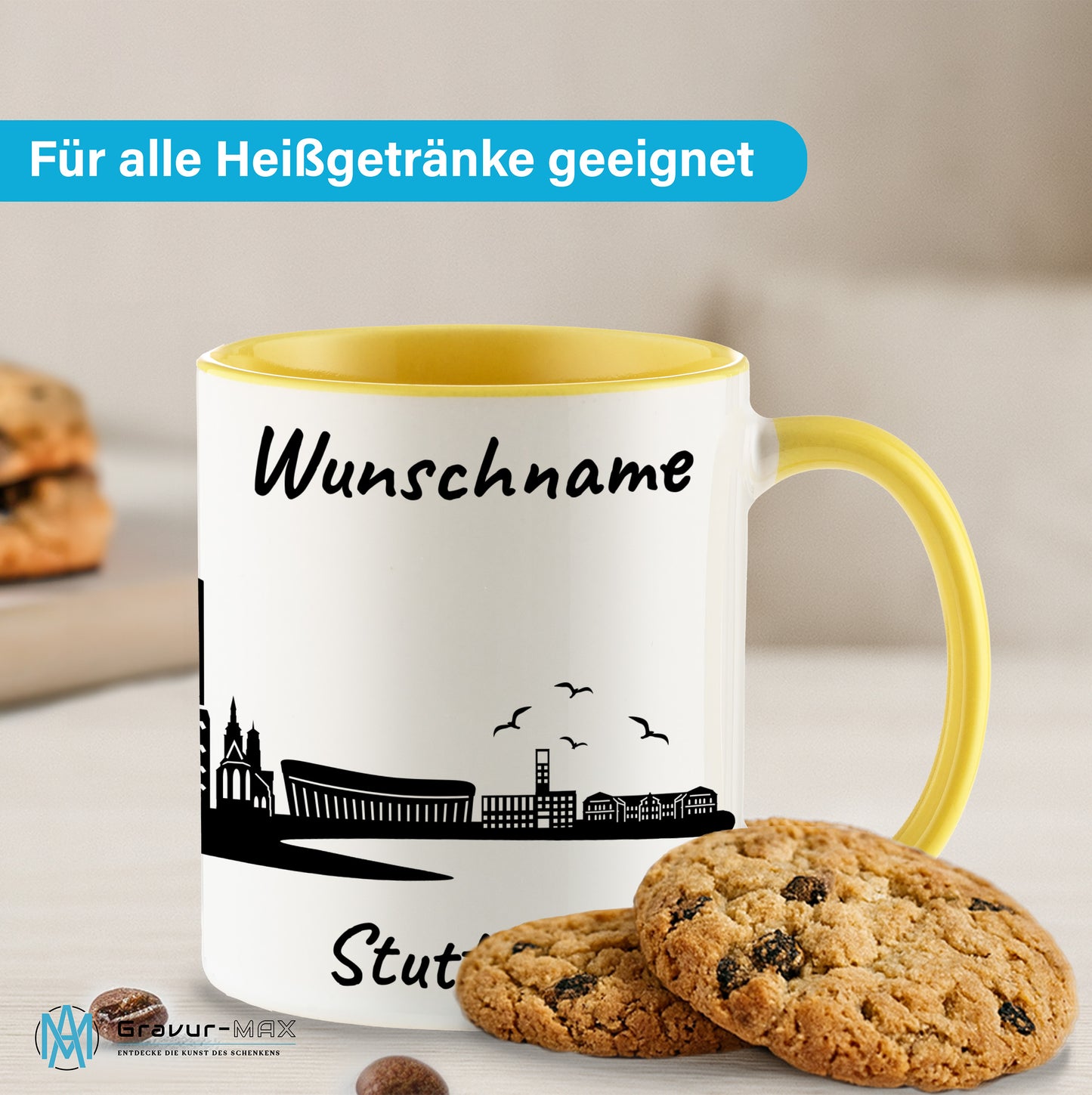 Tasse in Hellgelb 330ml bedruckt mit der Skyline von Stuttgart personalisierbar mit Wunschname