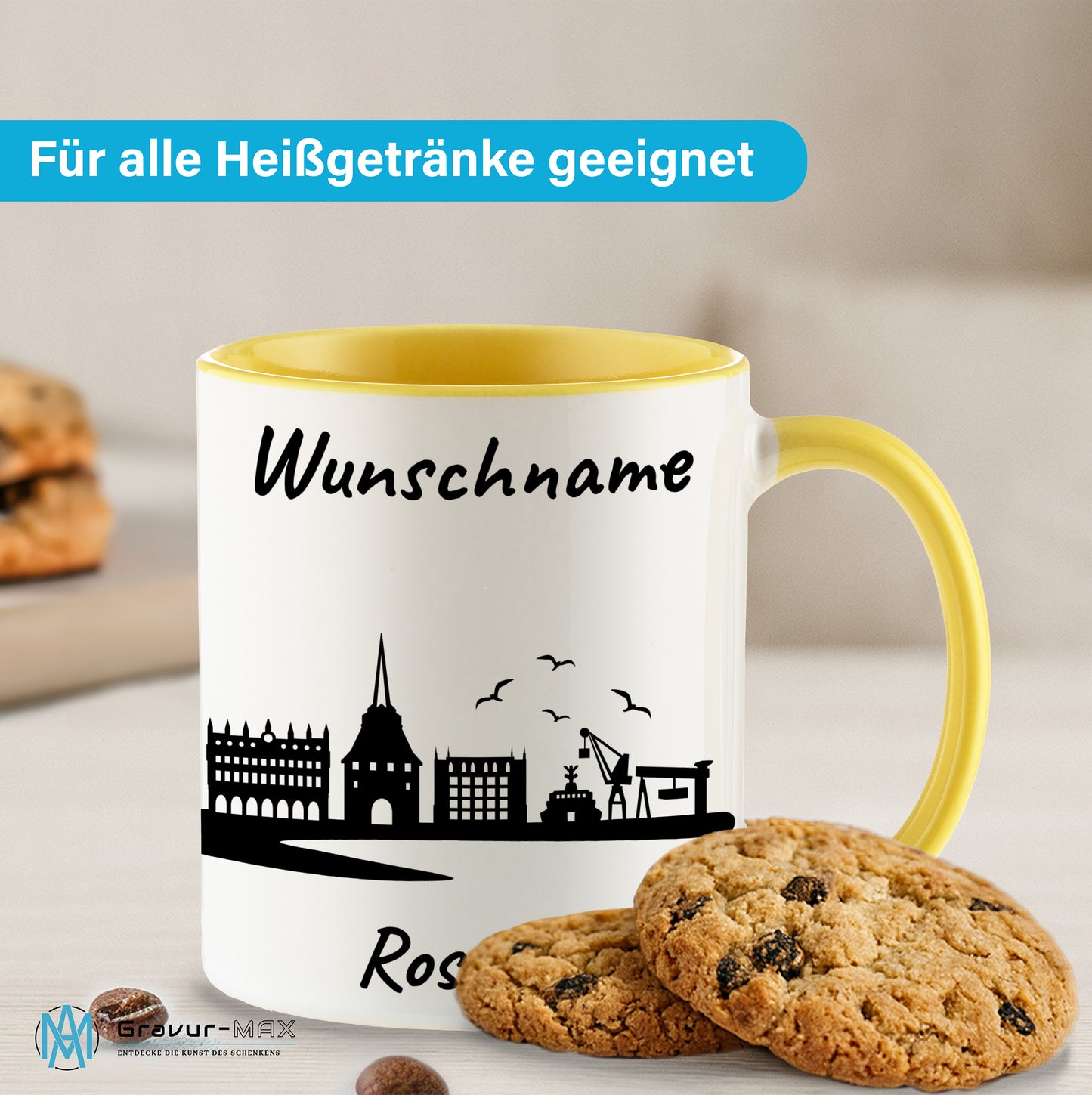 Tasse in Hellgelb 330ml bedruckt mit der Skyline von Rostock personalisierbar mit Wunschname