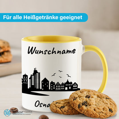 Tasse in Hellgelb 330ml bedruckt mit der Skyline von Osnabrück personalisierbar mit Wunschname
