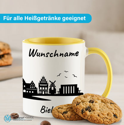 Tasse in Hellgelb 330ml bedruckt mit der Skyline von Bielefeld personalisierbar mit Wunschname
