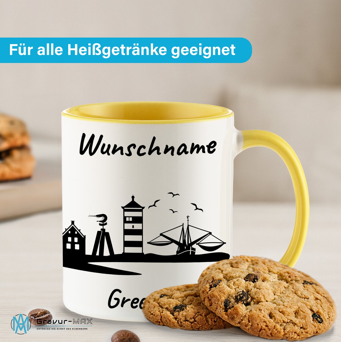 Tasse in Hellgelb 330ml bedruckt mit der Skyline von Greetsiel personalisierbar mit Wunschname