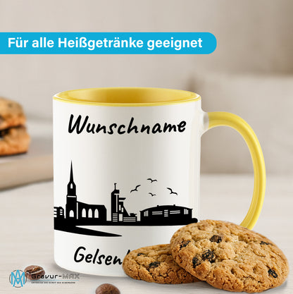 Tasse in Hellgelb 330ml bedruckt mit der Skyline von Gelsenkirchen personalisierbar mit Wunschname