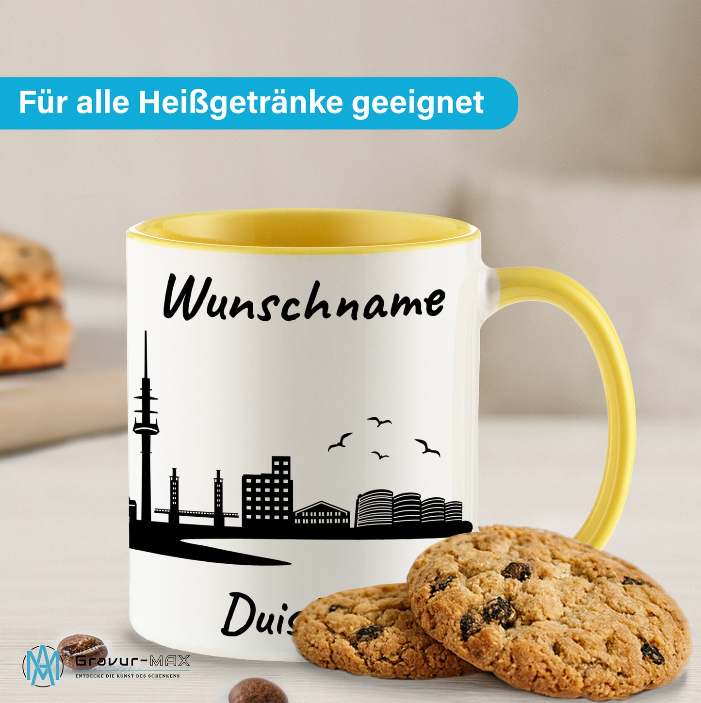 Tasse in Hellgelb 330ml bedruckt mit der Skyline von Duisburg personalisierbar mit Wunschname
