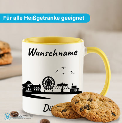 Tasse in Hellgelb 330ml bedruckt mit der Skyline von Düren personalisierbar mit Wunschname