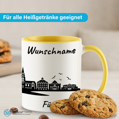 Tasse in Hellgelb 330ml bedruckt mit der Skyline von Fürth personalisierbar mit Wunschname