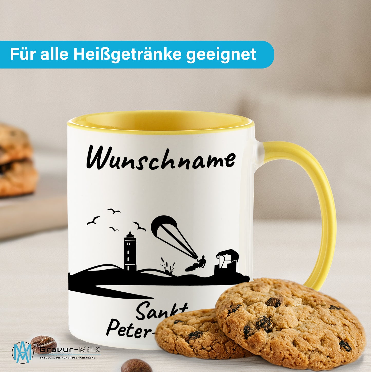 Tasse in Hellgelb 330ml bedruckt mit der Skyline von Sankt Peter-Ording personalisierbar mit Wunschname