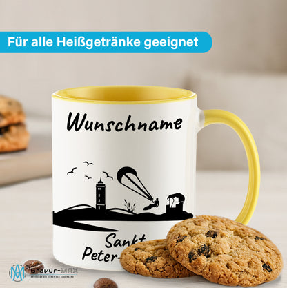 Tasse in Hellgelb 330ml bedruckt mit der Skyline von Sankt Peter-Ording personalisierbar mit Wunschname