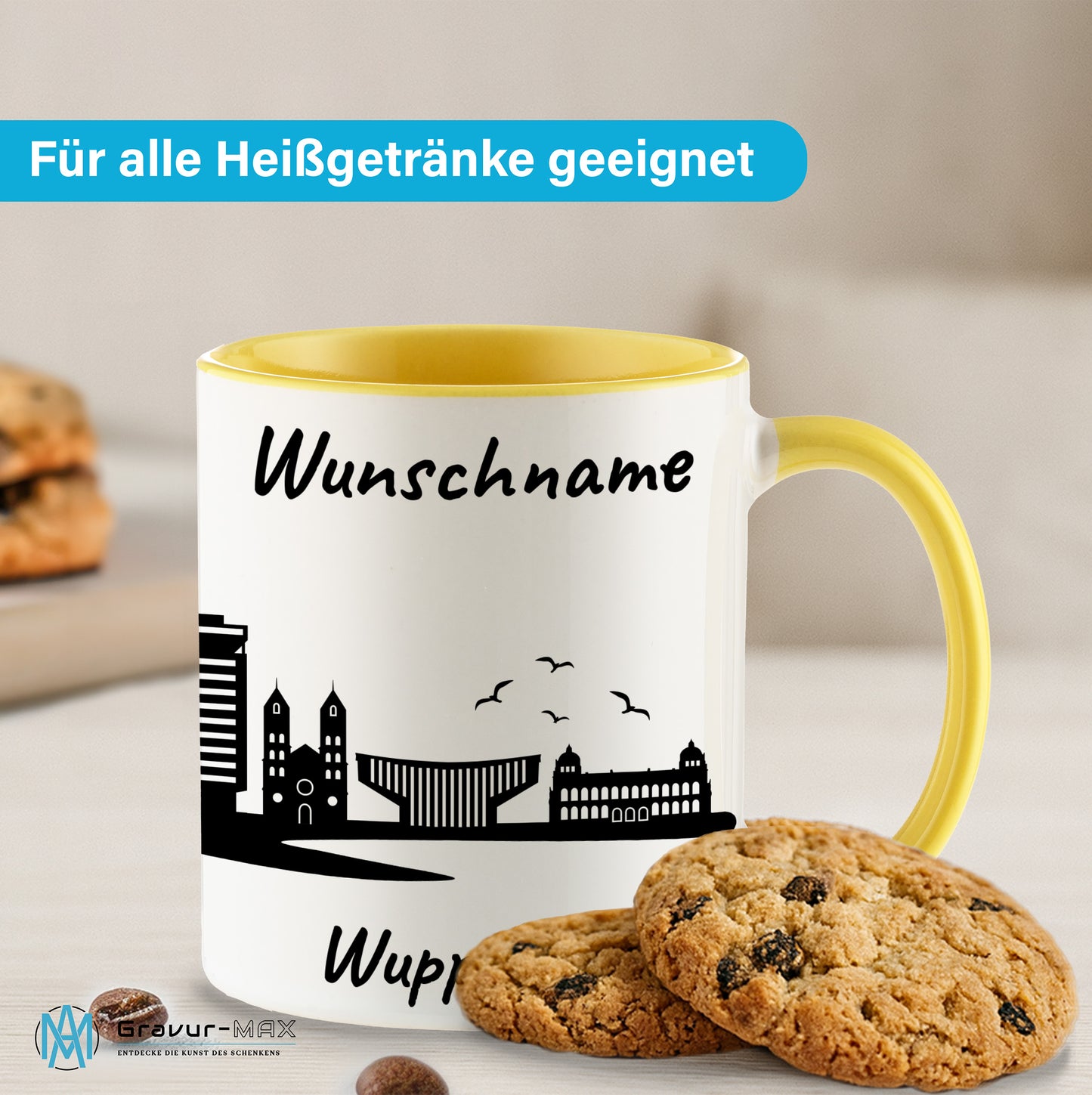 Tasse in Hellgelb 330ml bedruckt mit der Skyline von Wuppertal personalisierbar mit Wunschname