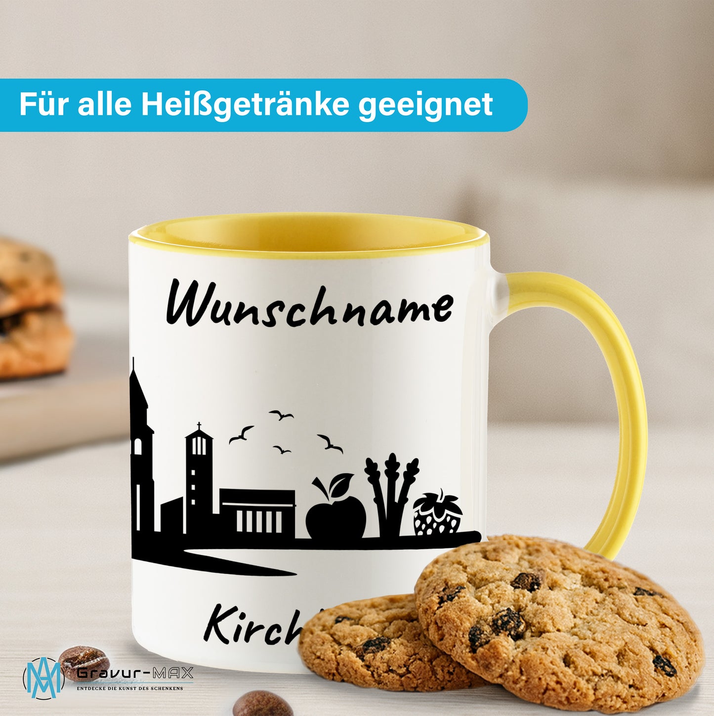 Tasse in Hellgelb 330ml bedruckt mit der Skyline von Kirchhellen personalisierbar mit Wunschname