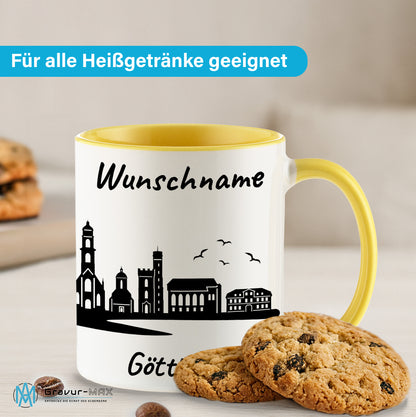 Tasse in Hellgelb 330ml bedruckt mit der Skyline von Göttingen personalisierbar mit Wunschname