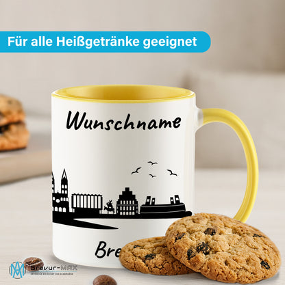 Tasse in Hellgelb 330ml bedruckt mit der Skyline von Bremen personalisierbar mit Wunschname