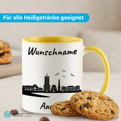 Tasse in Hellgelb 330ml bedruckt mit der Skyline von Aachen personalisierbar mit Wunschname