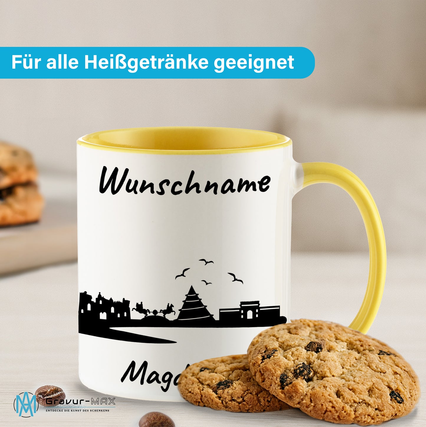 Tasse in Hellgelb 330ml bedruckt mit der Skyline von Magdeburg personalisierbar mit Wunschname