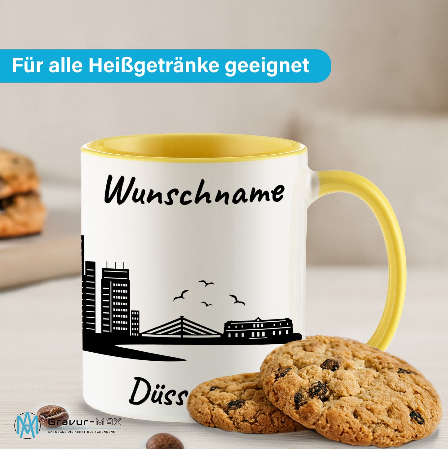 Tasse in Hellgelb 330ml bedruckt mit der Skyline von Düsseldorf personalisierbar mit Wunschname