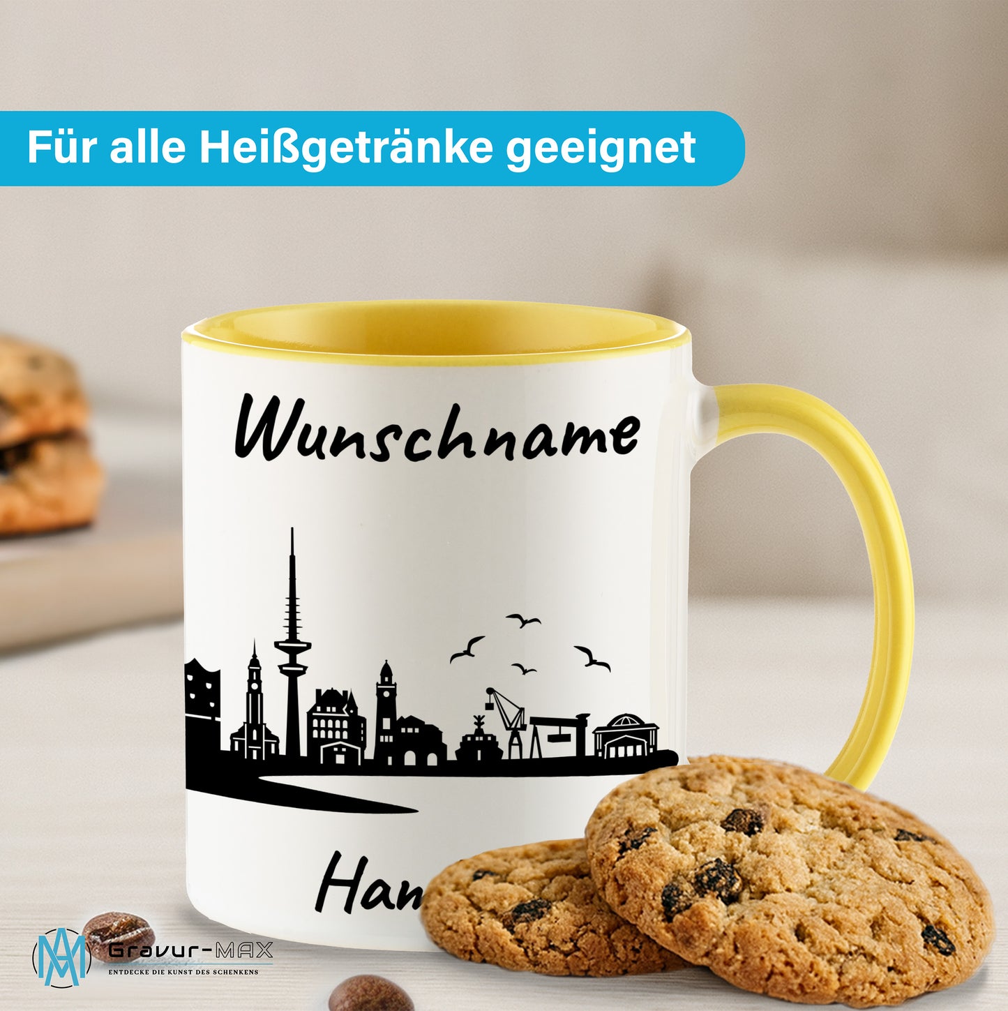 Tasse in Hellgelb 330ml bedruckt mit der Skyline von Hamburg personalisierbar mit Wunschname