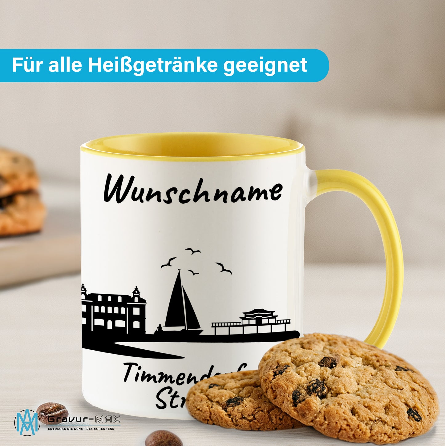 Tasse in Hellgelb 330ml bedruckt mit der Skyline von Timmendorfer Strand personalisierbar mit Wunschname