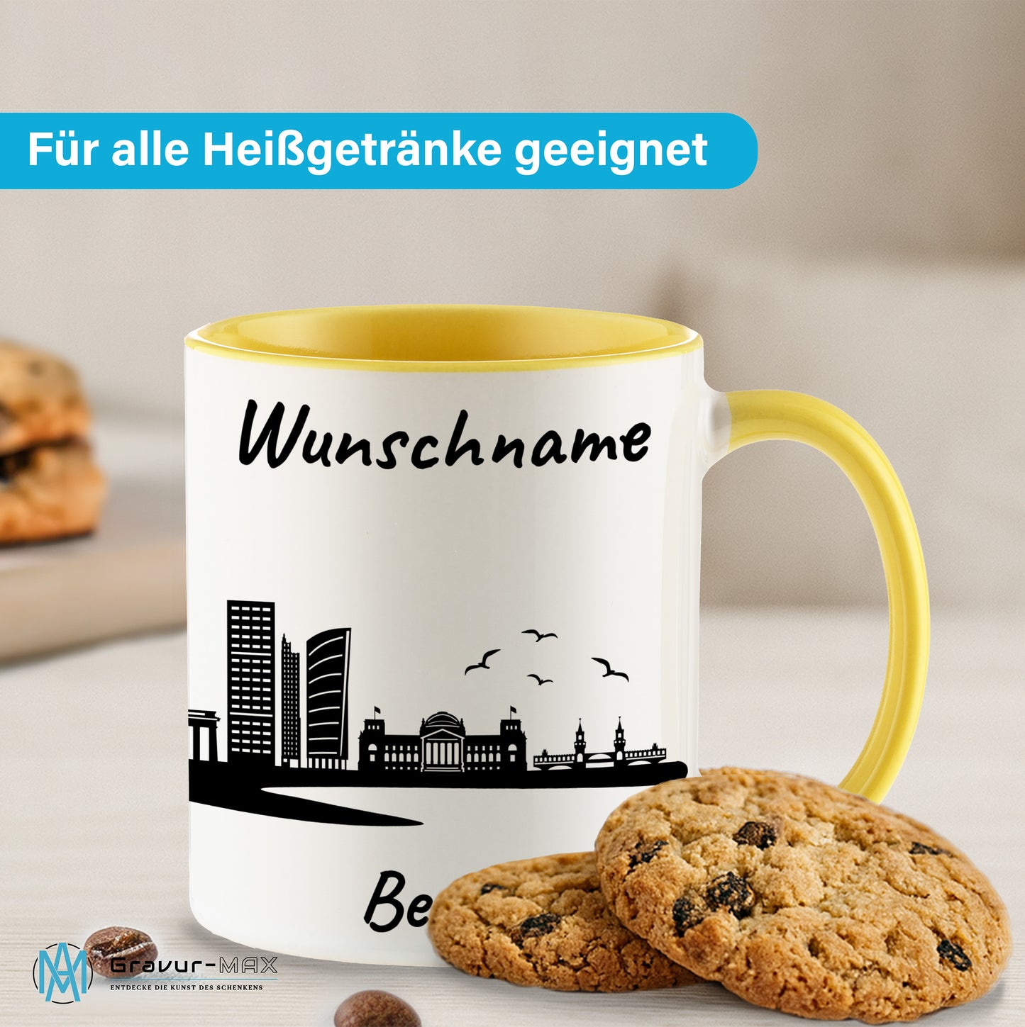 Tasse in Hellgelb 330ml bedruckt mit der Skyline von Berlin personalisierbar mit Wunschname