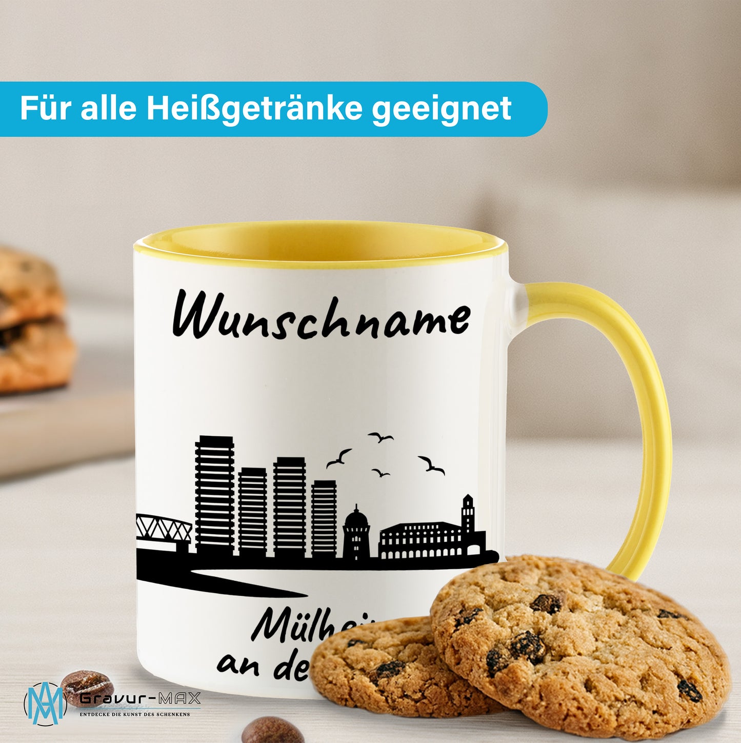 Tasse in Hellgelb 330ml bedruckt mit der Skyline von Mülheim an der Ruhr personalisierbar mit Wunschname