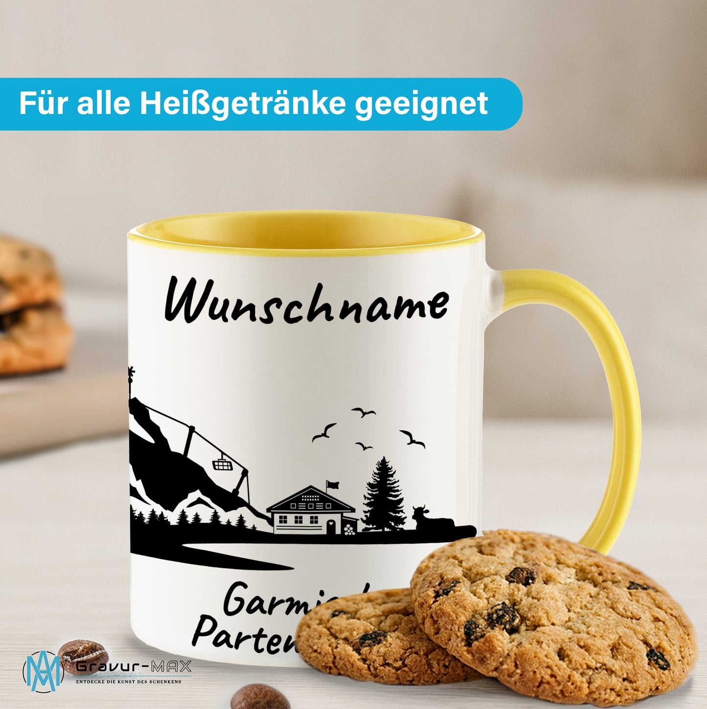 Tasse in Hellgelb 330ml bedruckt mit der Skyline von Garmisch-Partenkirchen personalisierbar mit Wunschname