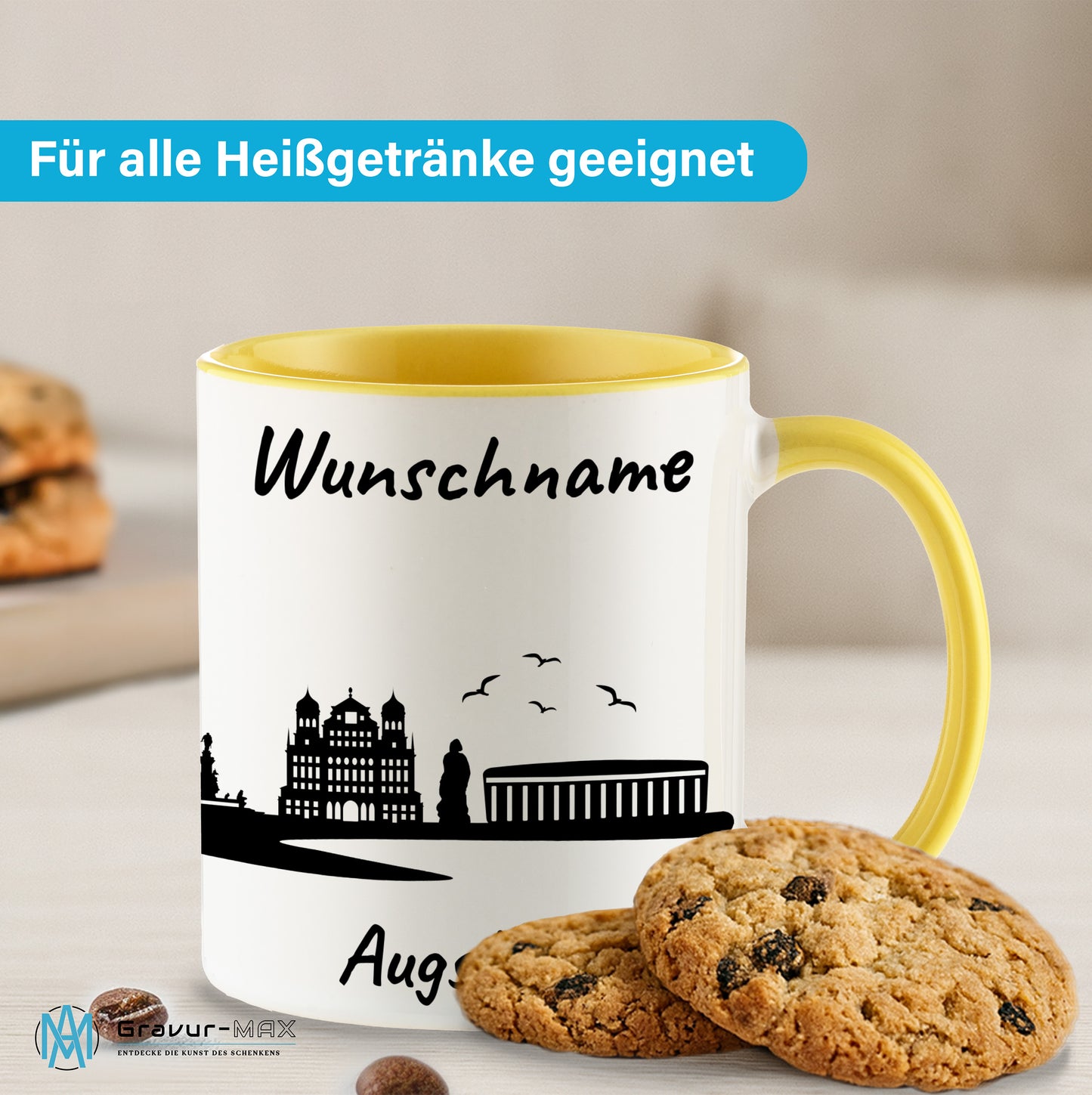 Tasse in Hellgelb 330ml bedruckt mit der Skyline von Augsburg personalisierbar mit Wunschname