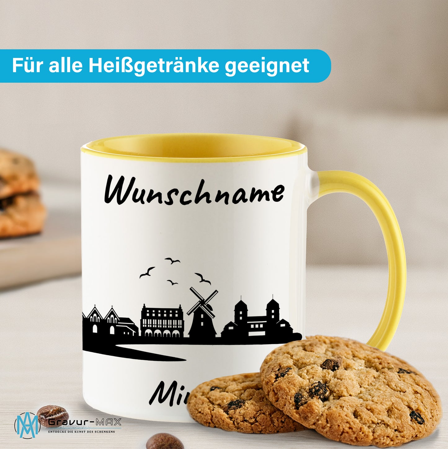 Tasse in Hellgelb 330ml bedruckt mit der Skyline von Minden personalisierbar mit Wunschname