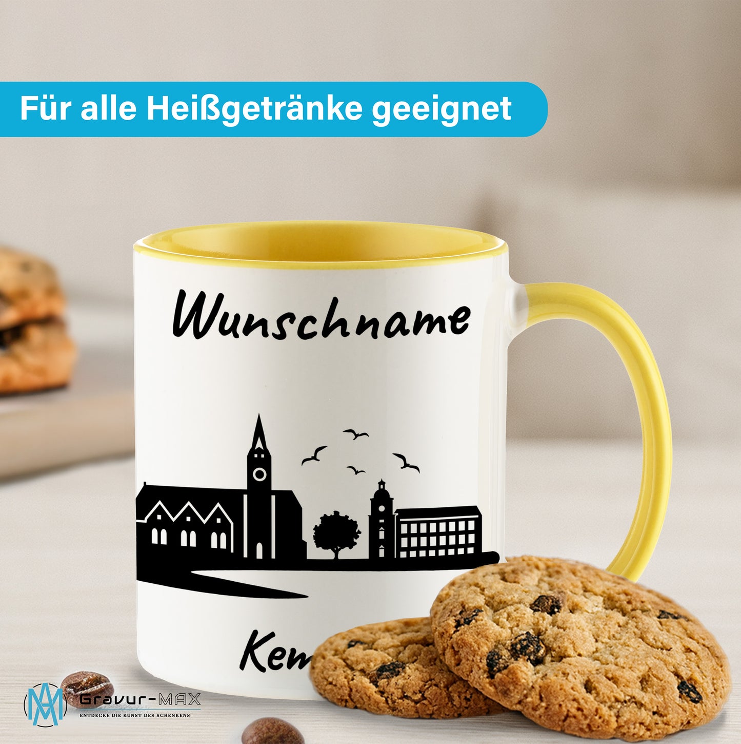 Tasse in Hellgelb 330ml bedruckt mit der Skyline von Kempten personalisierbar mit Wunschname