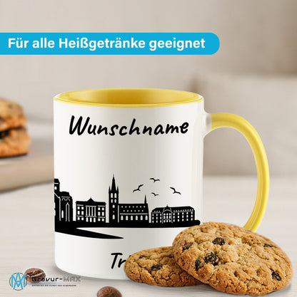 Tasse in Hellgelb 330ml bedruckt mit der Skyline von Trier personalisierbar mit Wunschname