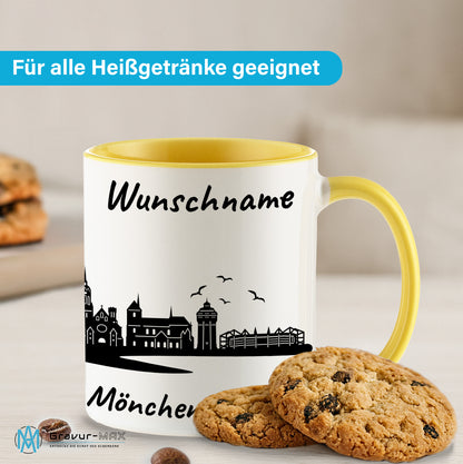 Tasse in Hellgelb 330ml bedruckt mit der Skyline von Mönchengladbach personalisierbar mit Wunschname
